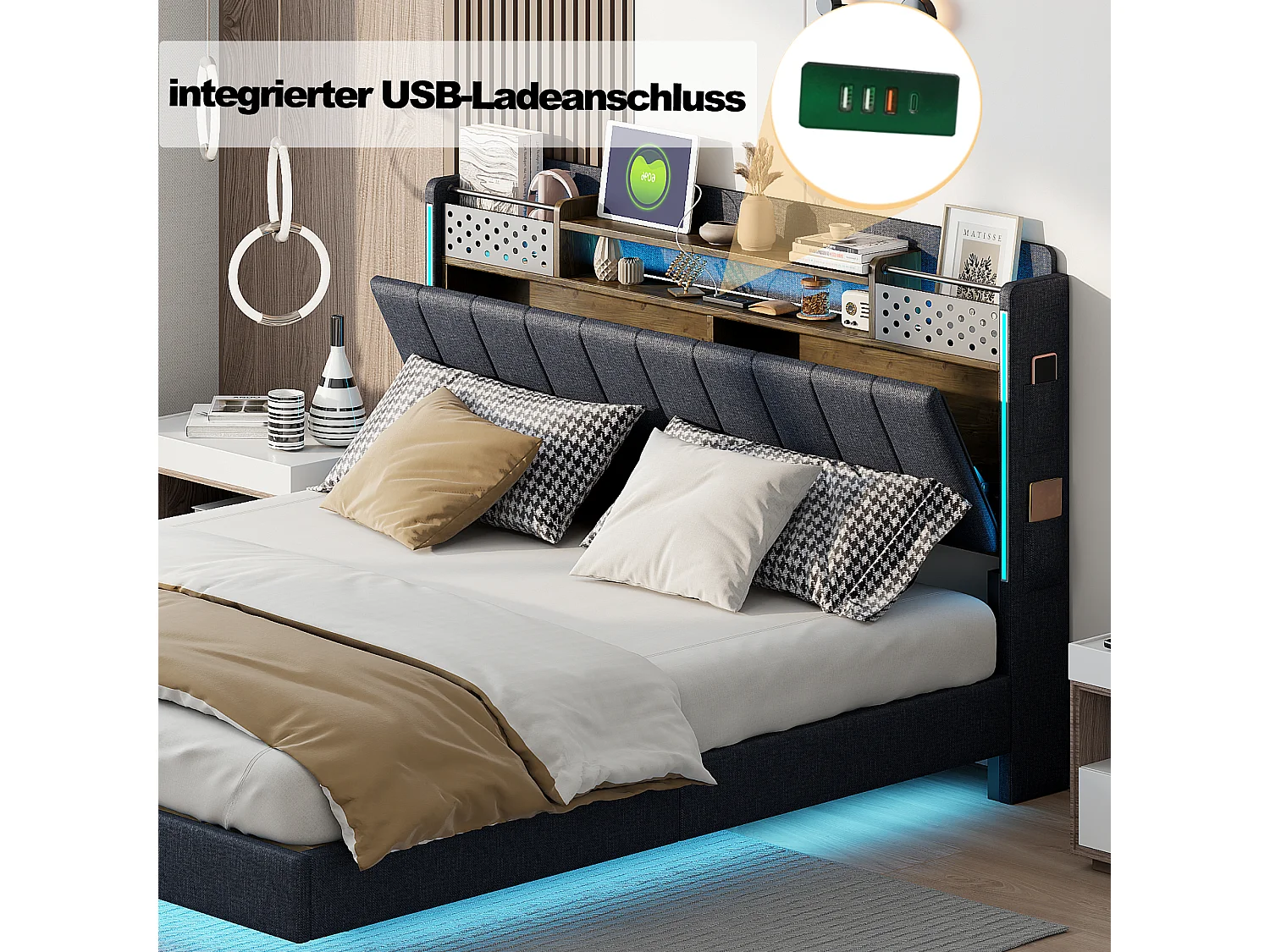 Tweepersoonsbed 140×200 cm met stekkerdoos en ledverlichting, gestoffeerd hoofdbord met opbergruimte, linnen, donkergrijs