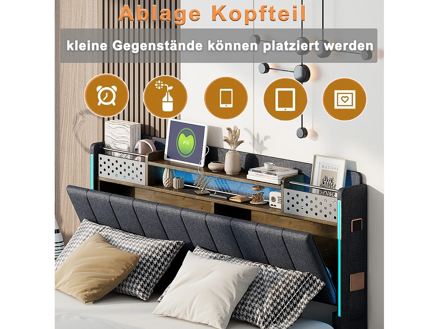 Tweepersoonsbed 140×200 cm met stekkerdoos en ledverlichting, gestoffeerd hoofdbord met opbergruimte, linnen, donkergrijs