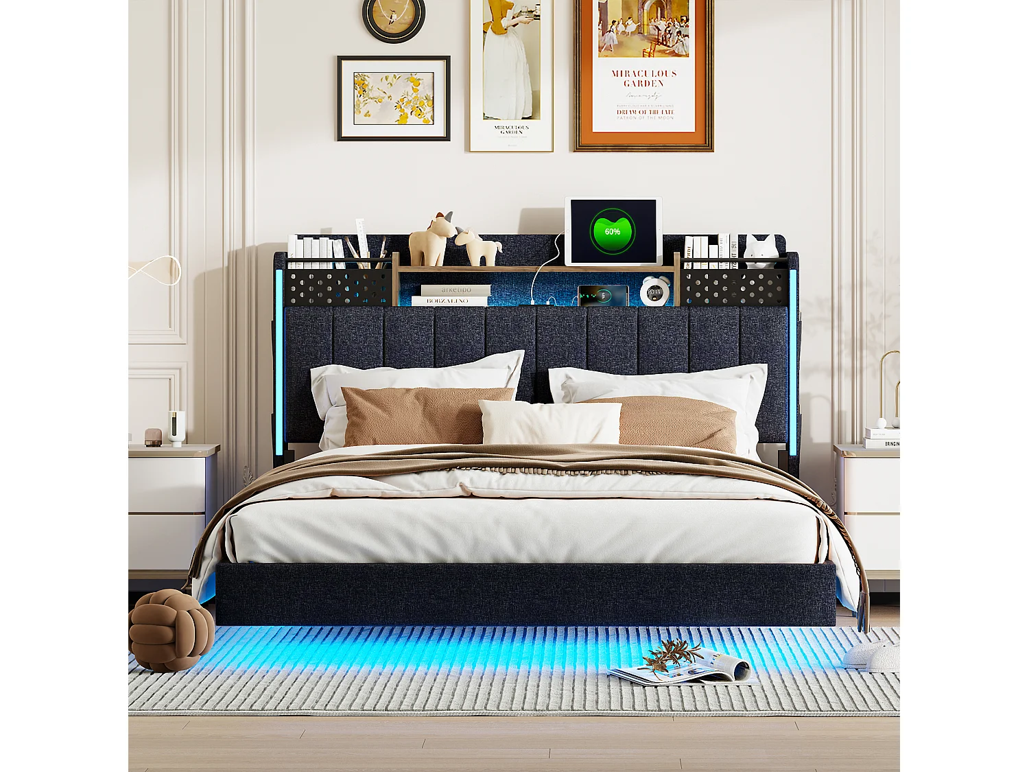 Lit Double 140×200 cm avec Multiprise & LED, Tête de lit Rembourrée avec Rangement, Lin, Gris Foncé