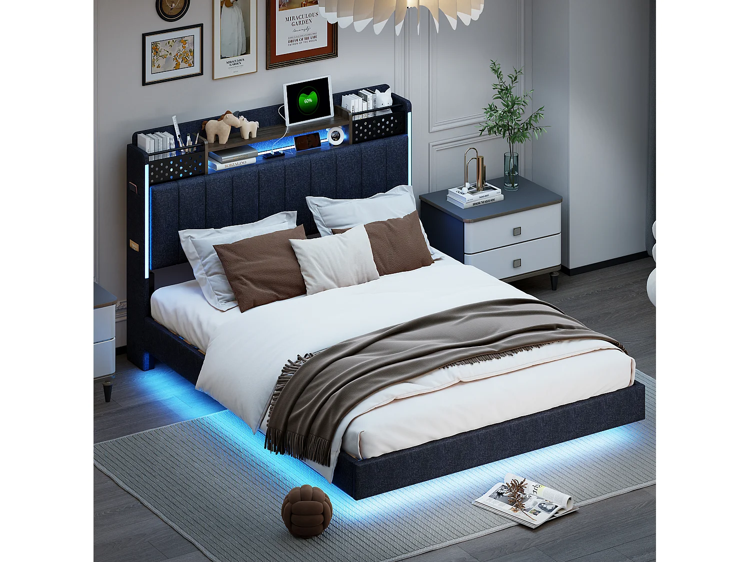 Lit Double 140×200 cm avec Multiprise & LED, Tête de lit Rembourrée avec Rangement, Lin, Gris Foncé
