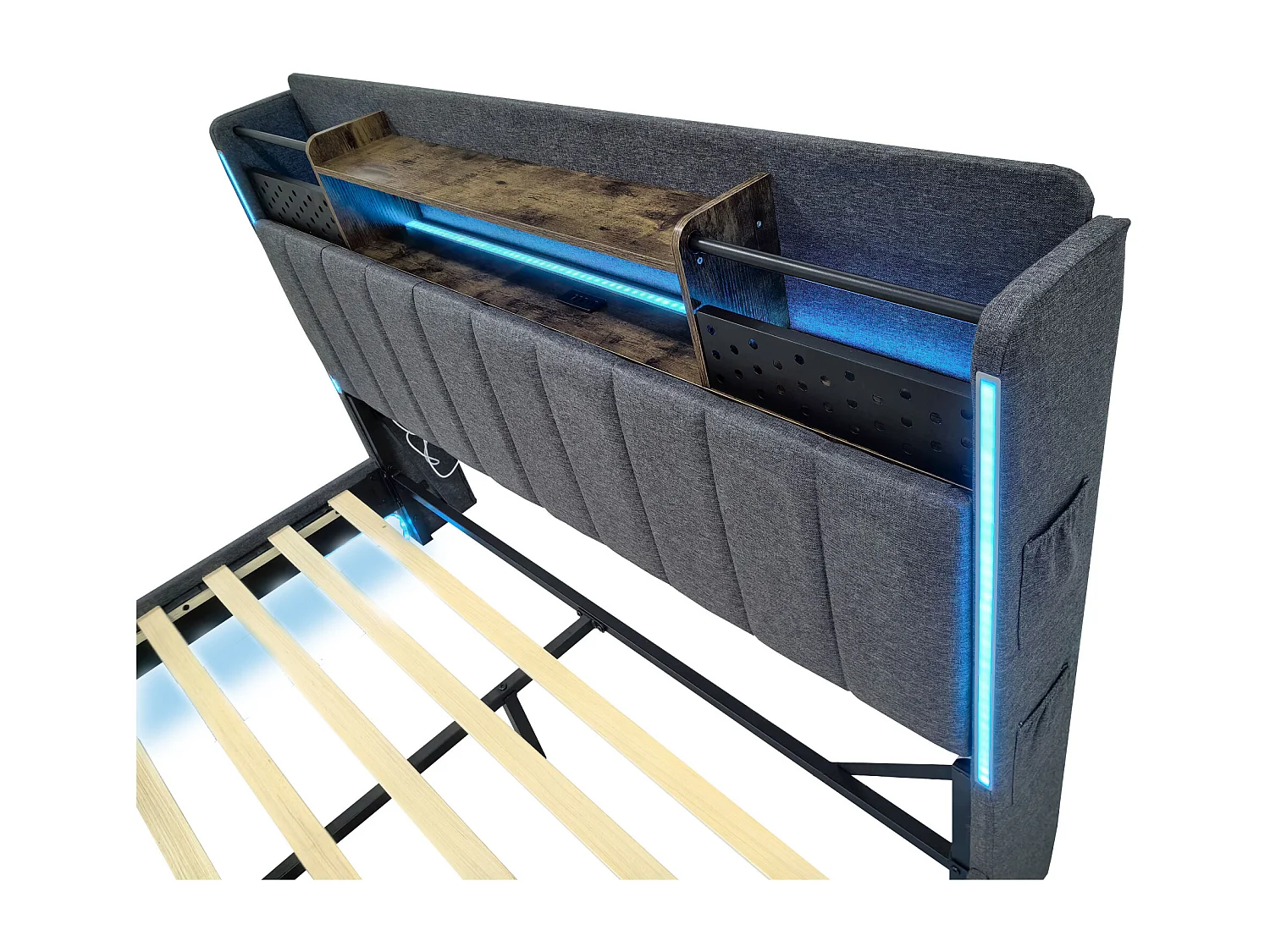 Lit Double 140×200 cm avec Multiprise & LED, Tête de lit Rembourrée avec Rangement, Lin, Gris Foncé