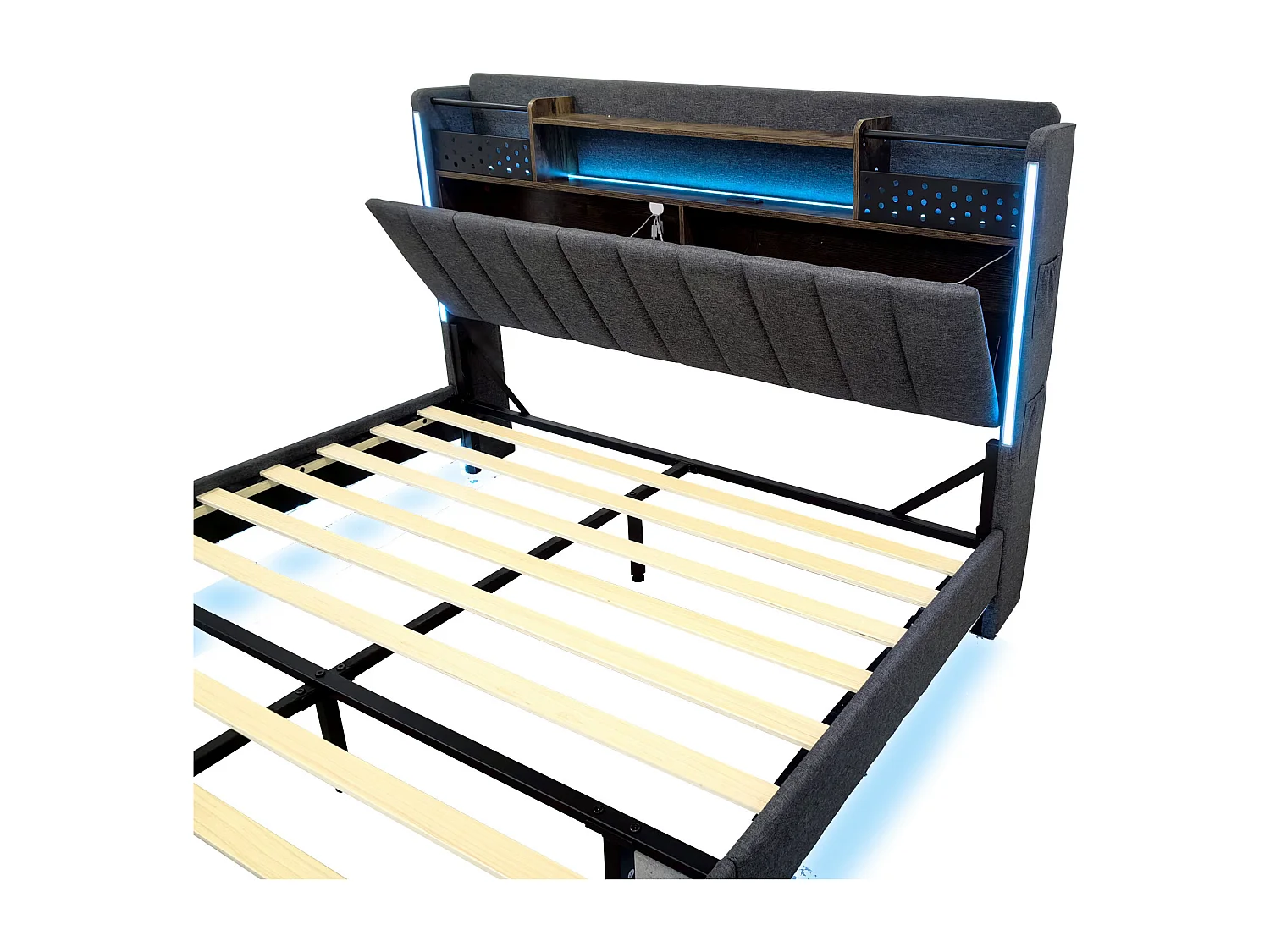 Lit Double 140×200 cm avec Multiprise & LED, Tête de lit Rembourrée avec Rangement, Lin, Gris Foncé