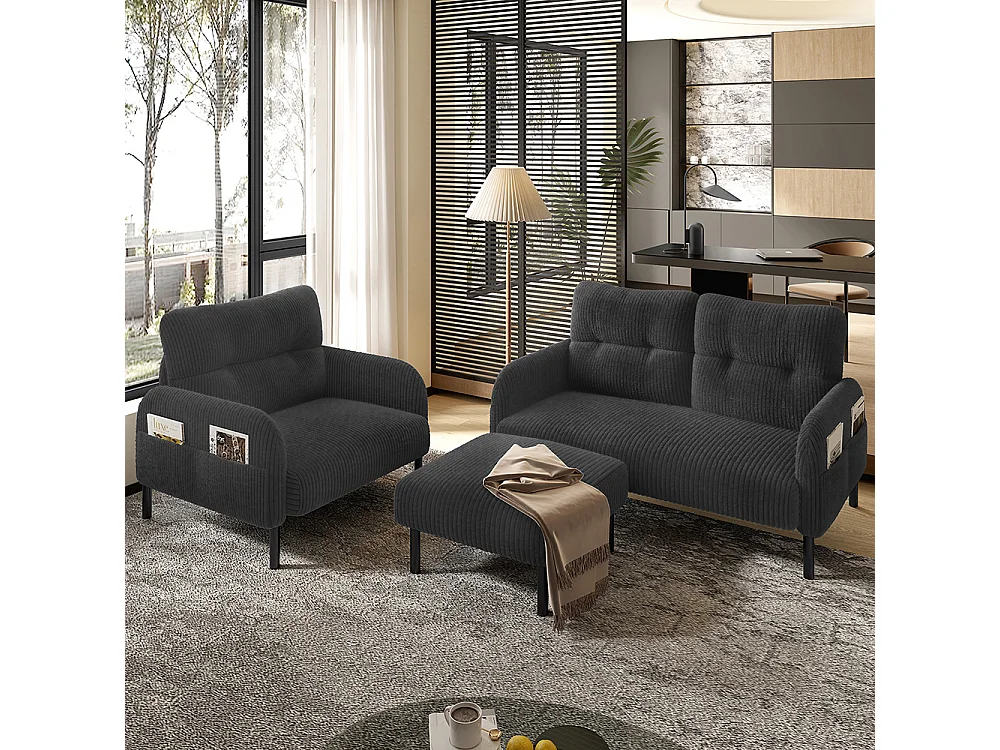 Ensemble 3 pièces velours côtelé fauteuil tabouret canapé deux places poche latérale structure acier dossier moelleux modulaire salon gris