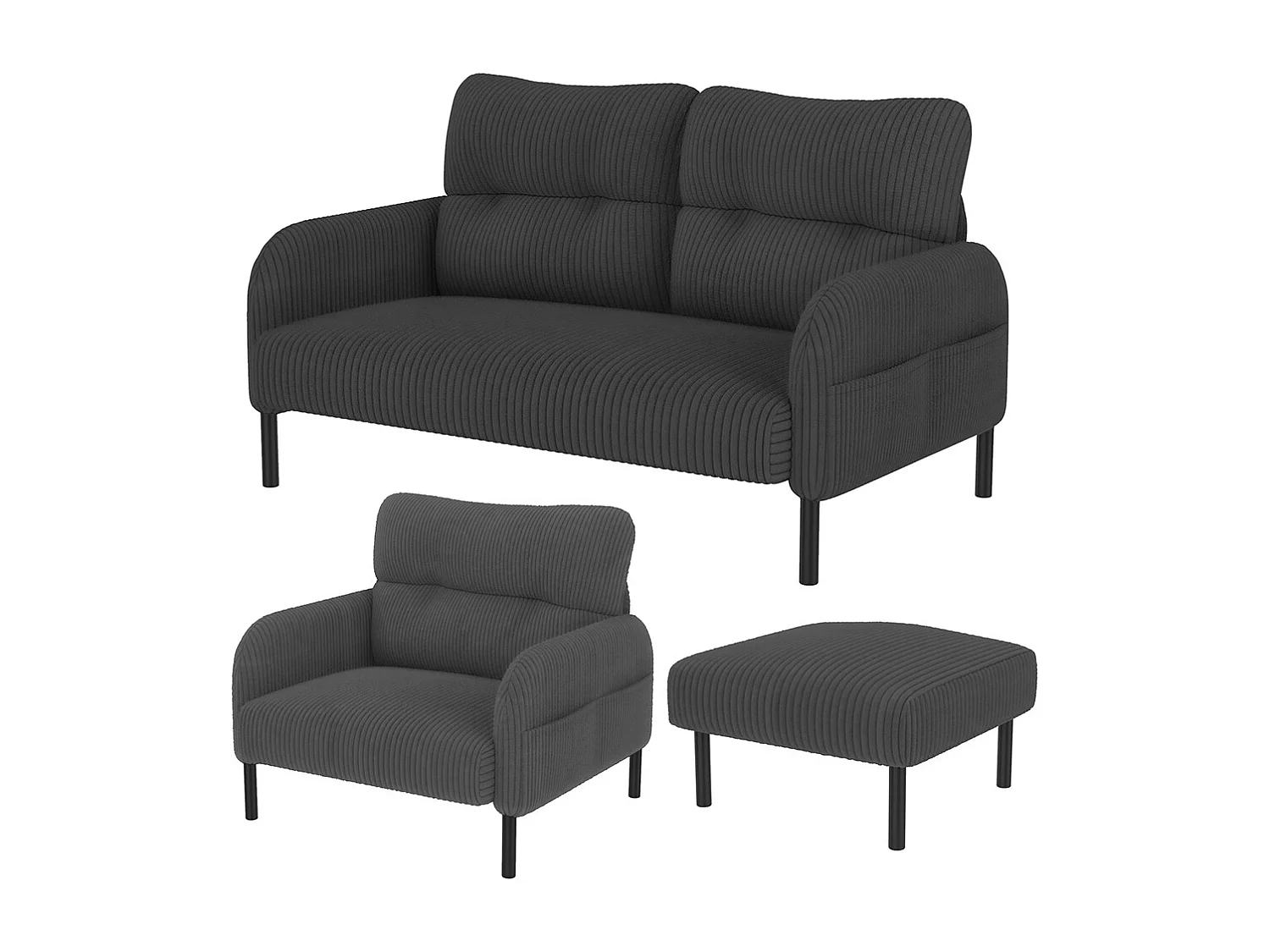 Ensemble 3 pièces velours côtelé fauteuil tabouret canapé deux places poche latérale structure acier dossier moelleux modulaire salon gris