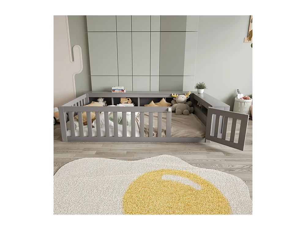 Lit enfant 90x200 avec nombreux compartiments avec barrière de sécurité et petite porte protection de sécurité sur tout le pourtour gris