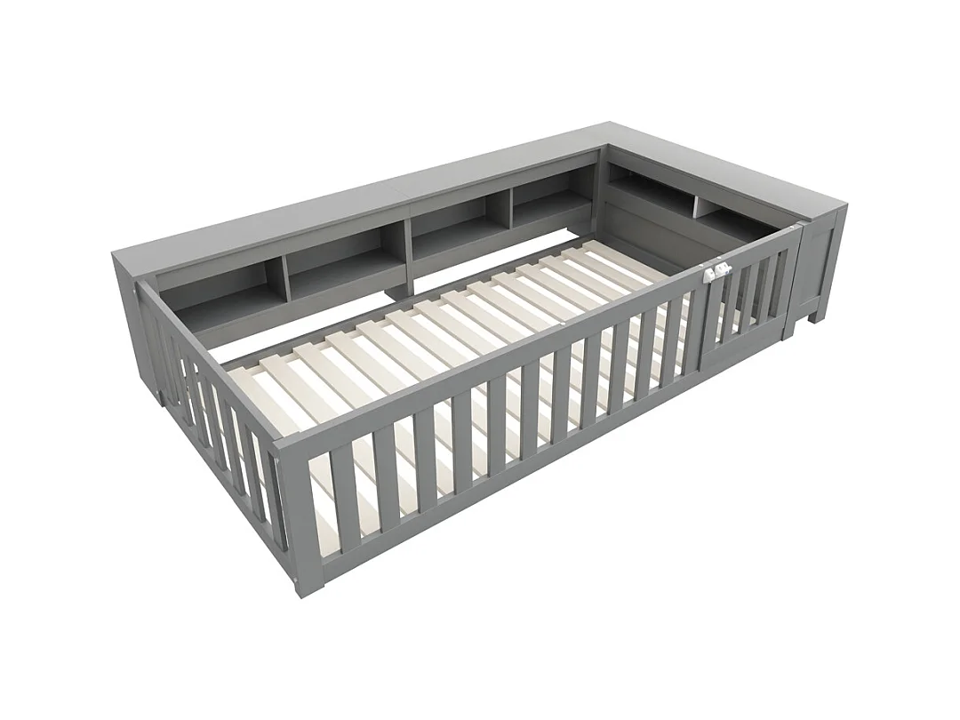 Lit enfant 90x200 avec nombreux compartiments avec barrière de sécurité et petite porte protection de sécurité sur tout le pourtour gris