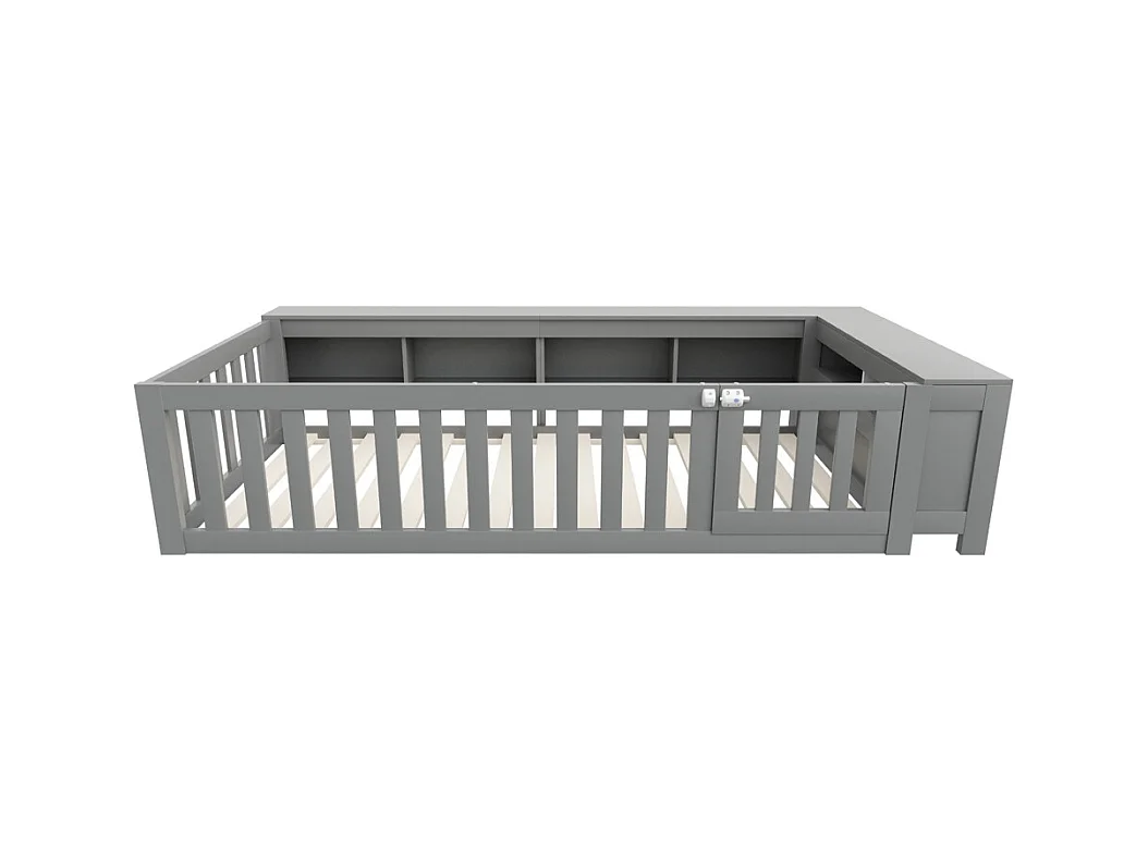 Lit enfant 90x200 avec nombreux compartiments avec barrière de sécurité et petite porte protection de sécurité sur tout le pourtour gris
