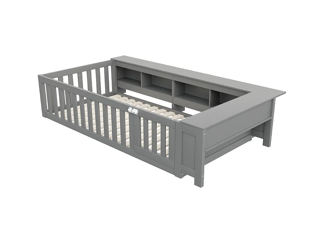 Lit enfant 90x200 avec nombreux compartiments avec barrière de sécurité et petite porte protection de sécurité sur tout le pourtour gris