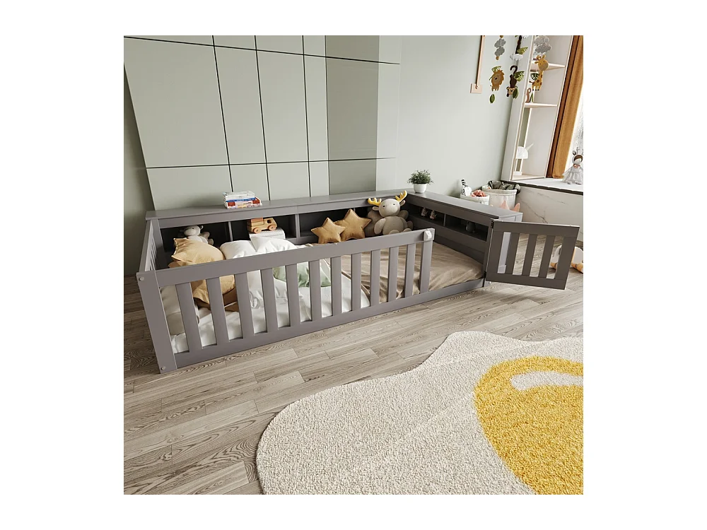 Lit enfant 90x200 avec nombreux compartiments avec barrière de sécurité et petite porte protection de sécurité sur tout le pourtour gris