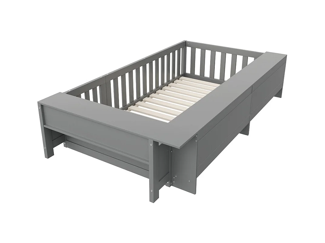 Lit enfant 90x200 avec nombreux compartiments avec barrière de sécurité et petite porte protection de sécurité sur tout le pourtour gris
