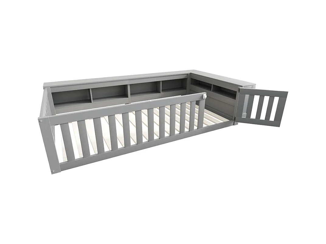 Lit enfant 90x200 avec nombreux compartiments avec barrière de sécurité et petite porte protection de sécurité sur tout le pourtour gris