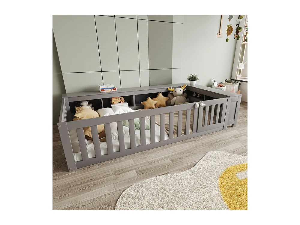 Lit enfant 90x200 avec nombreux compartiments avec barrière de sécurité et petite porte protection de sécurité sur tout le pourtour gris