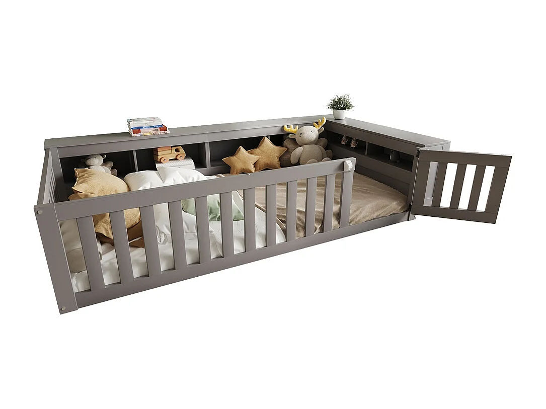 Lit enfant 90x200 avec nombreux compartiments avec barrière de sécurité et petite porte protection de sécurité sur tout le pourtour gris