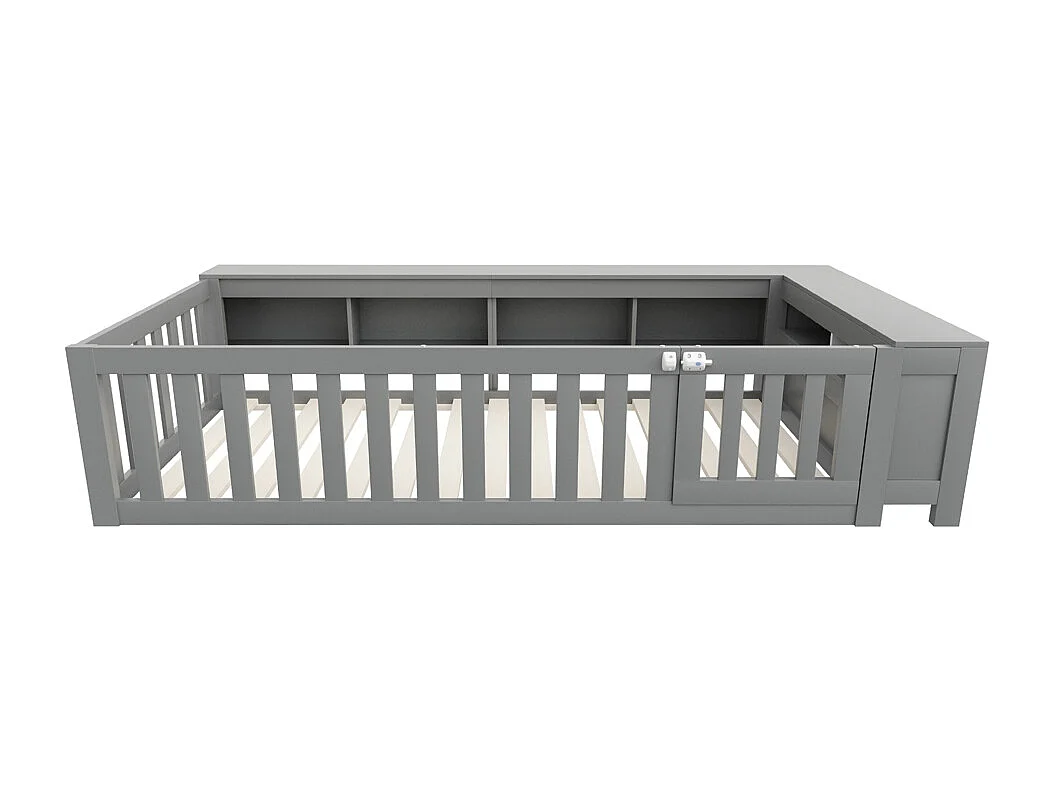 Lit enfant 90x200 avec nombreux compartiments avec barrière de sécurité et petite porte protection de sécurité sur tout le pourtour gris