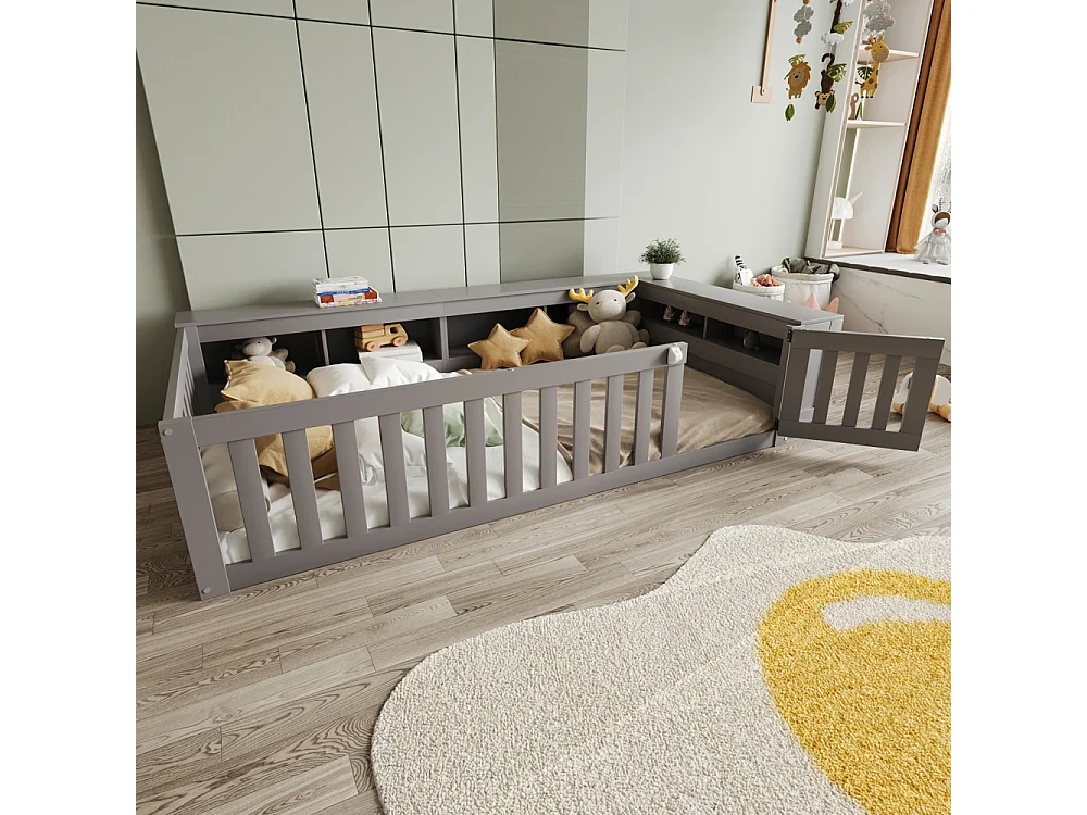 Lit enfant 90x200 avec nombreux compartiments avec barrière de sécurité et petite porte protection de sécurité sur tout le pourtour gris