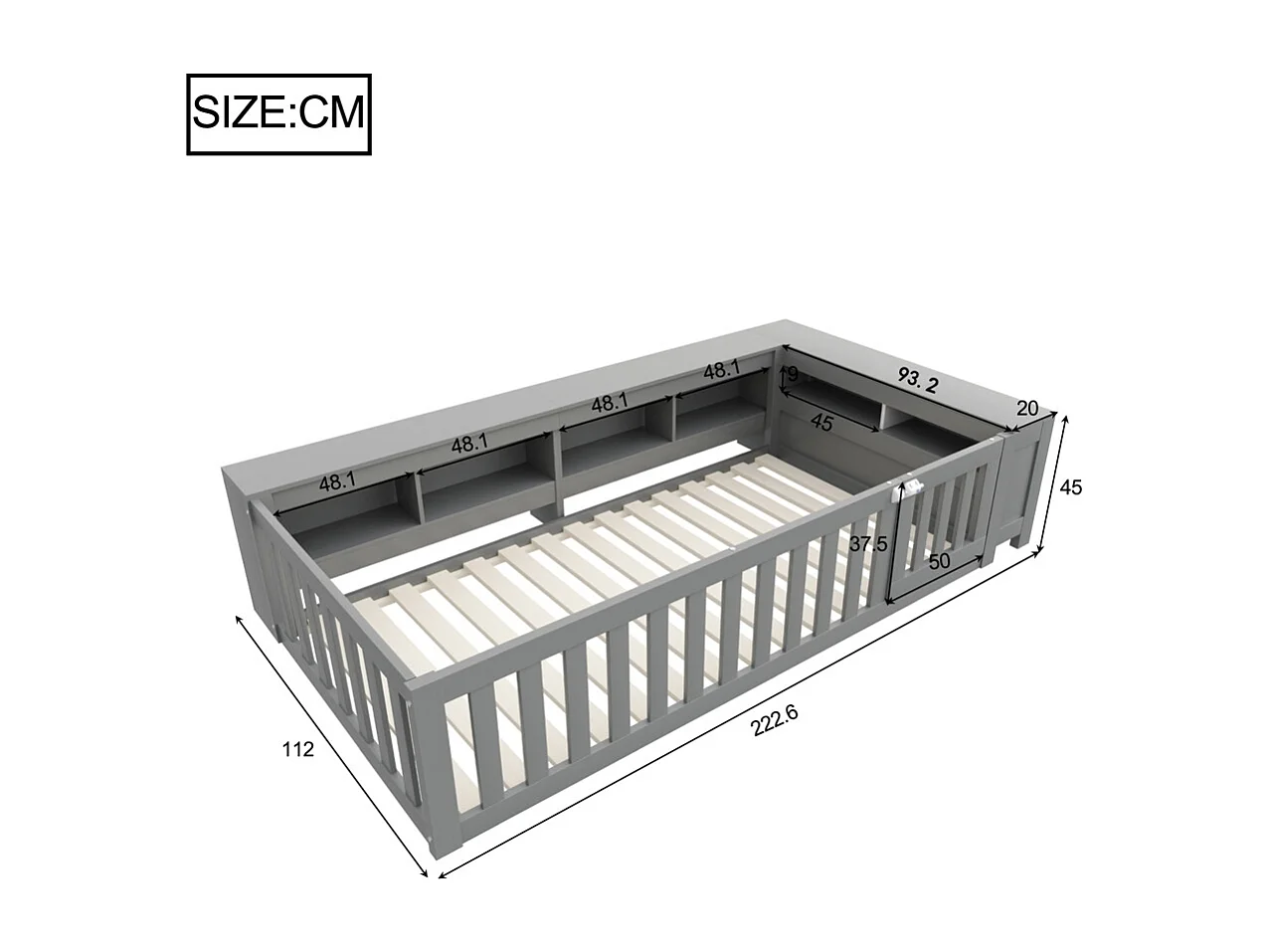 Lit enfant 90x200 avec nombreux compartiments avec barrière de sécurité et petite porte protection de sécurité sur tout le pourtour gris