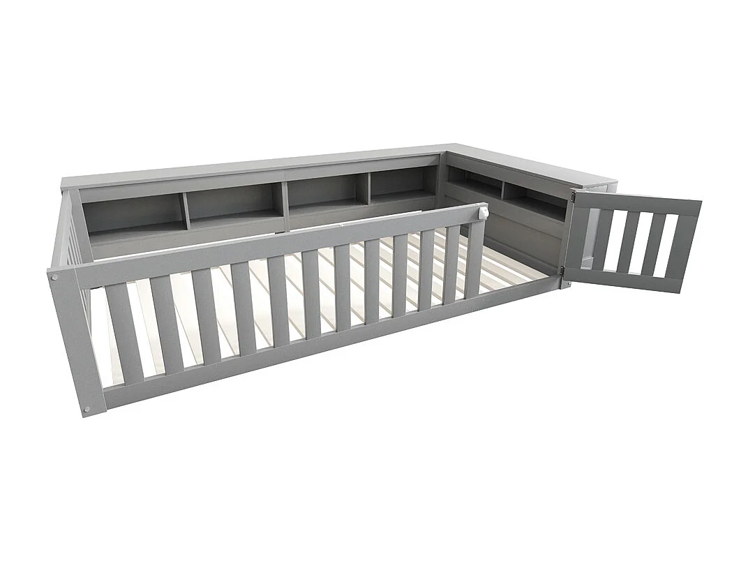 Lit enfant 90x200 avec nombreux compartiments avec barrière de sécurité et petite porte protection de sécurité sur tout le pourtour gris