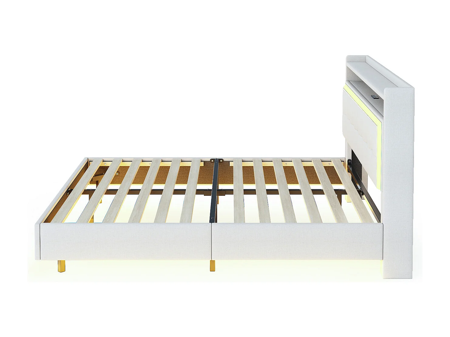 Lit capitonné 140×200cm, avec Prise USB et éclairage LED, Rangement Chevet, Pieds cachés, Lin, Beige