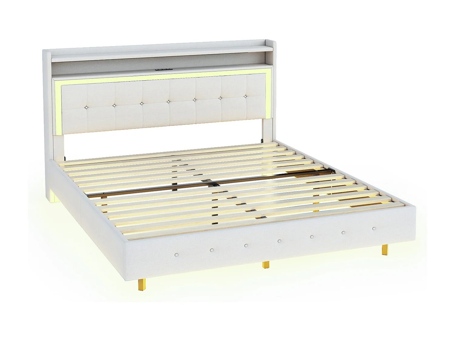 Lit capitonné 140×200cm, avec Prise USB et éclairage LED, Rangement Chevet, Pieds cachés, Lin, Beige