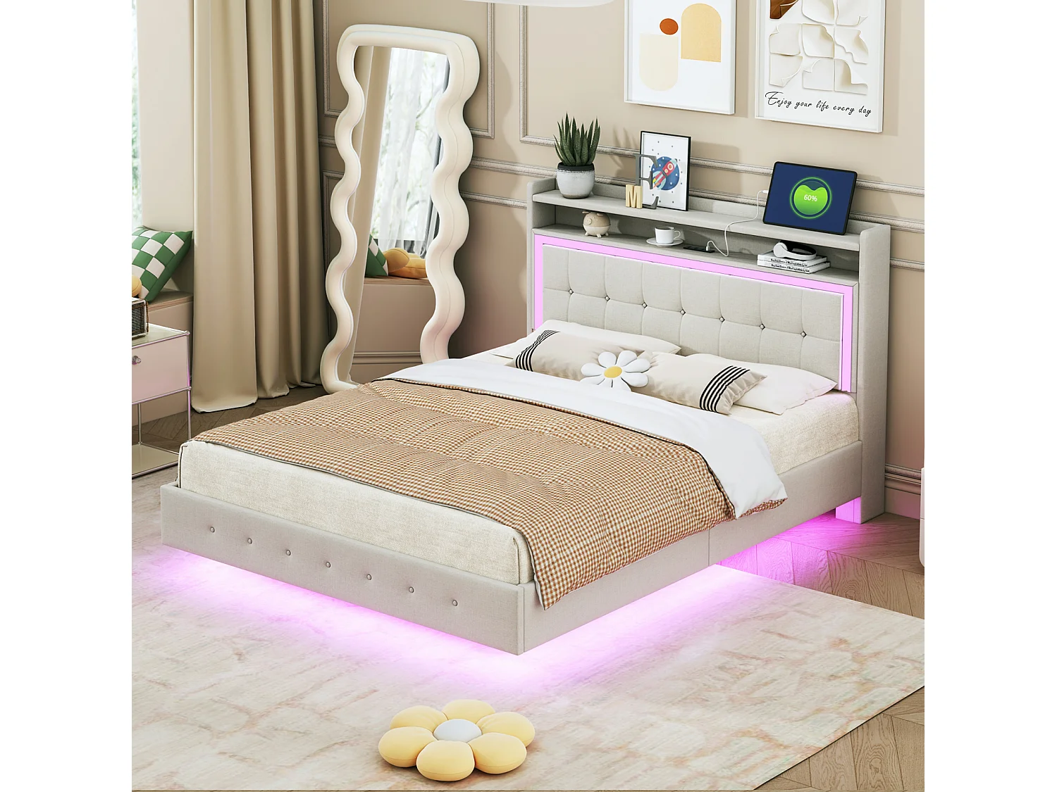 Gestoffeerd bed 140x200cm, met USB-aansluiting en LED-verlichting, nachtkastje met opbergruimte, verborgen poten, linnen, beige