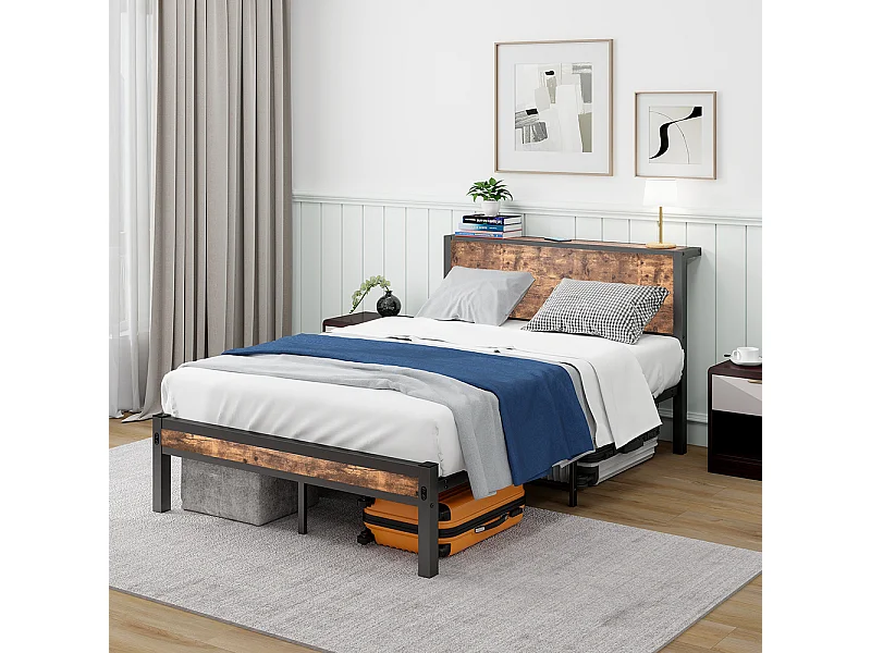 Lit adulte métallique 120x200 cm avec tête de lit et rangement sommier plateforme simple silencieux sans sommier tapissier vintage marron
