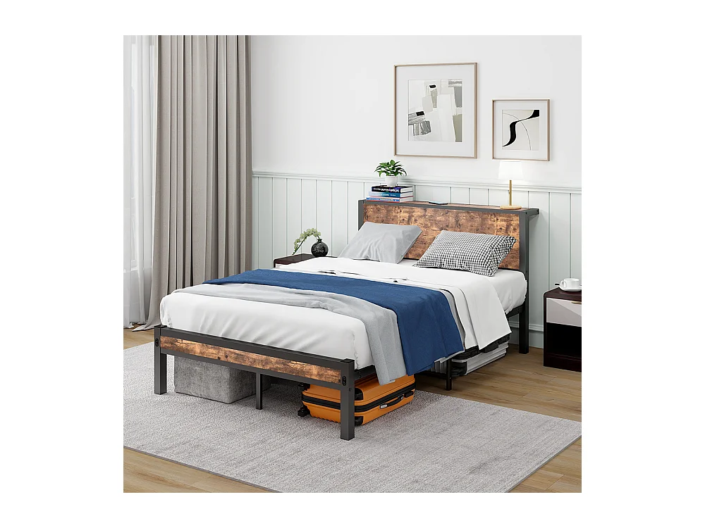 Lit adulte métallique 120x200 cm avec tête de lit et rangement sommier plateforme simple silencieux sans sommier tapissier vintage marron