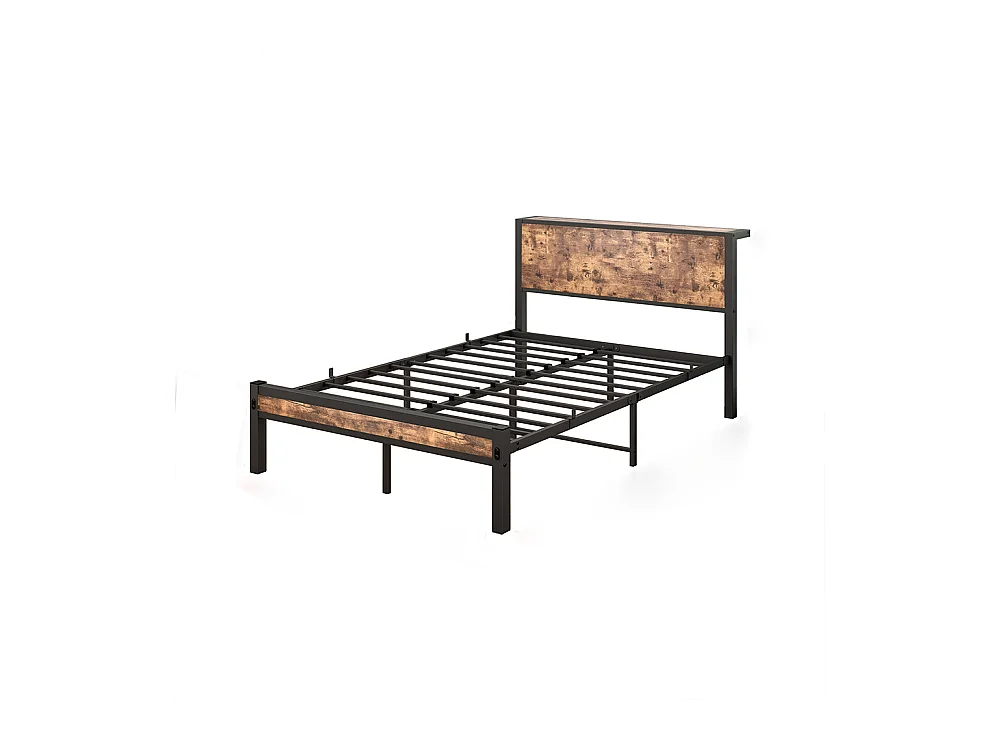 Lit adulte métallique 120x200 cm avec tête de lit et rangement sommier plateforme simple silencieux sans sommier tapissier vintage marron