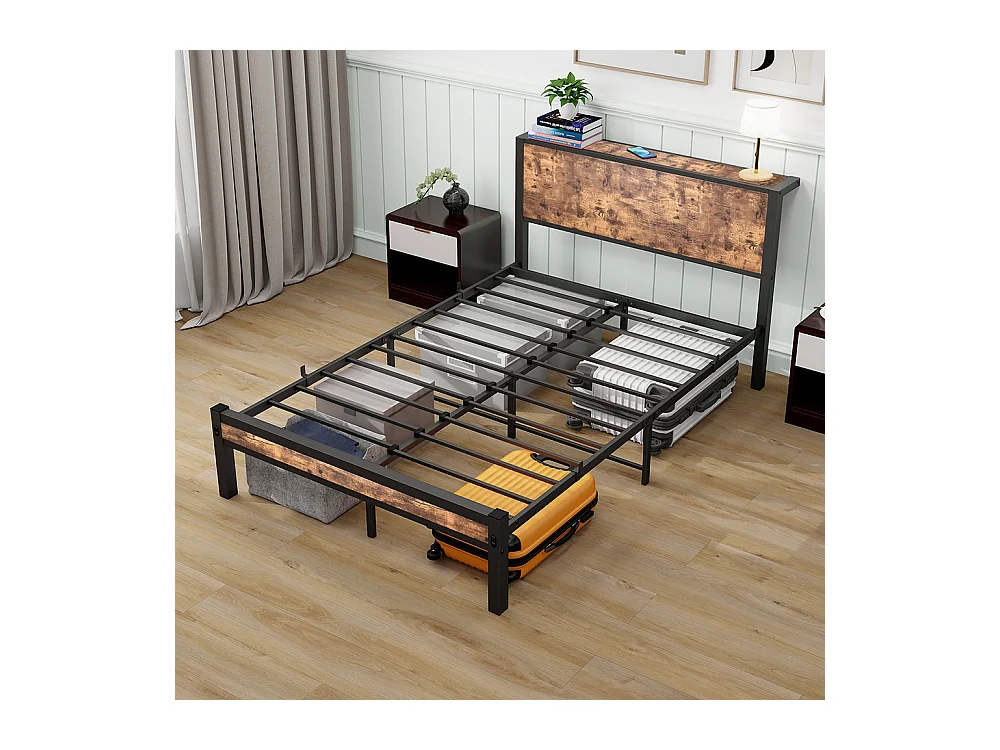 Lit adulte métallique 120x200 cm avec tête de lit et rangement sommier plateforme simple silencieux sans sommier tapissier vintage marron