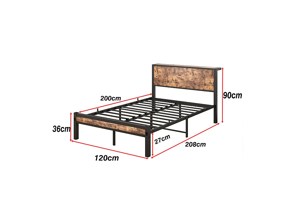 Lit adulte métallique 120x200 cm avec tête de lit et rangement sommier plateforme simple silencieux sans sommier tapissier vintage marron