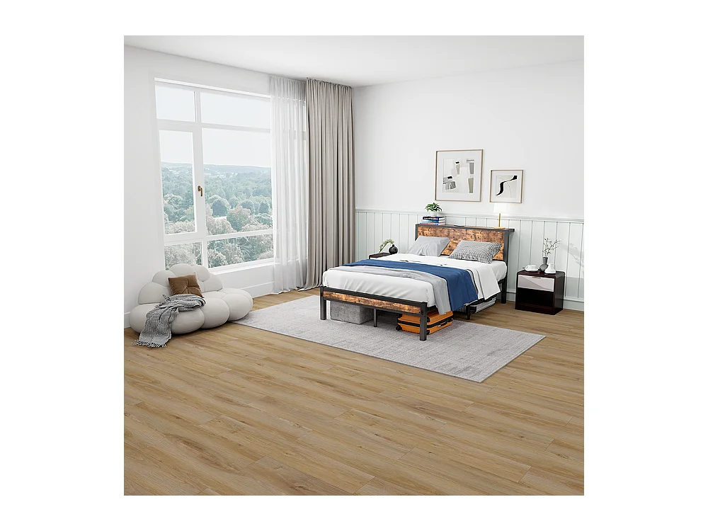 Lit adulte métallique 120x200 cm avec tête de lit et rangement sommier plateforme simple silencieux sans sommier tapissier vintage marron