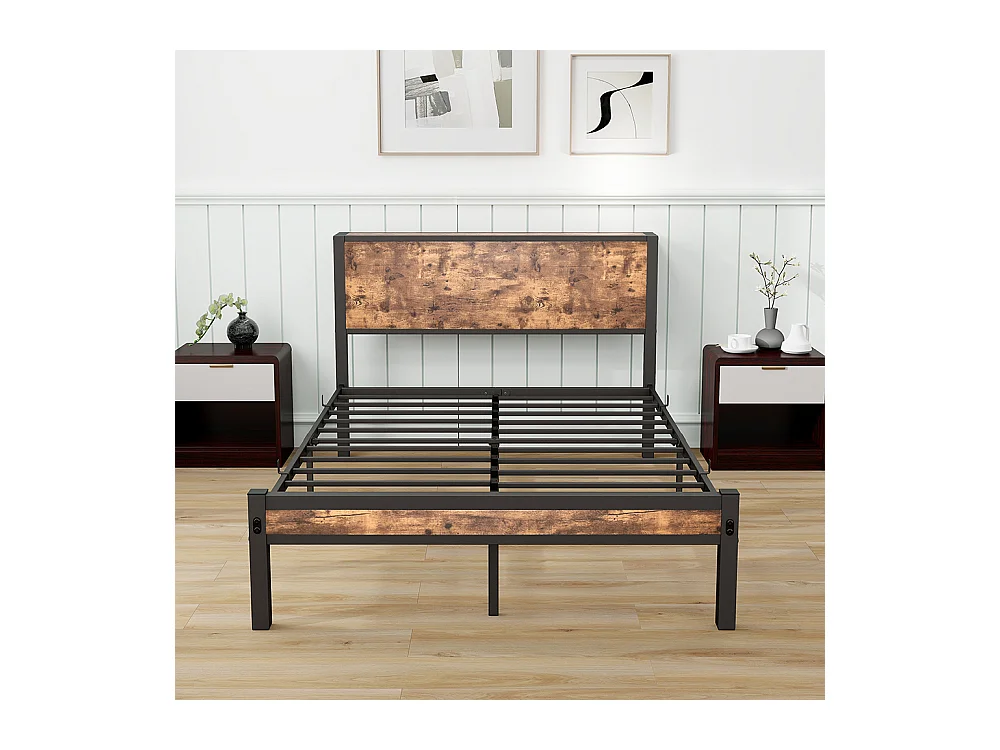 Lit adulte métallique 120x200 cm avec tête de lit et rangement sommier plateforme simple silencieux sans sommier tapissier vintage marron