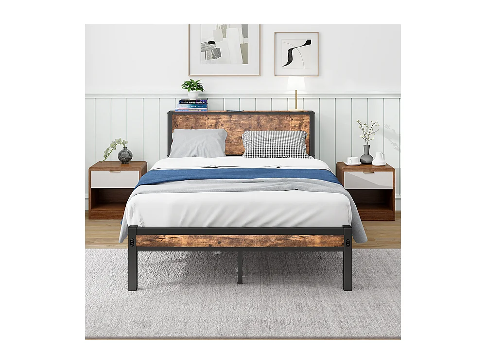 Lit adulte métallique 120x200 cm avec tête de lit et rangement sommier plateforme simple silencieux sans sommier tapissier vintage marron