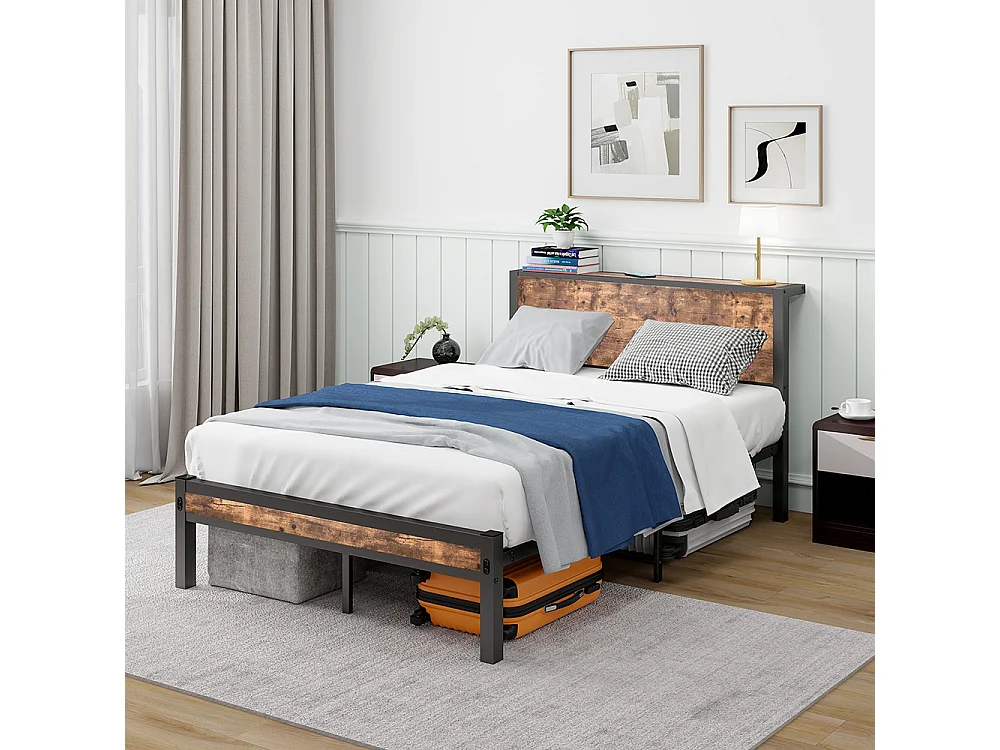 Lit adulte métallique 120x200 cm avec tête de lit et rangement sommier plateforme simple silencieux sans sommier tapissier vintage marron