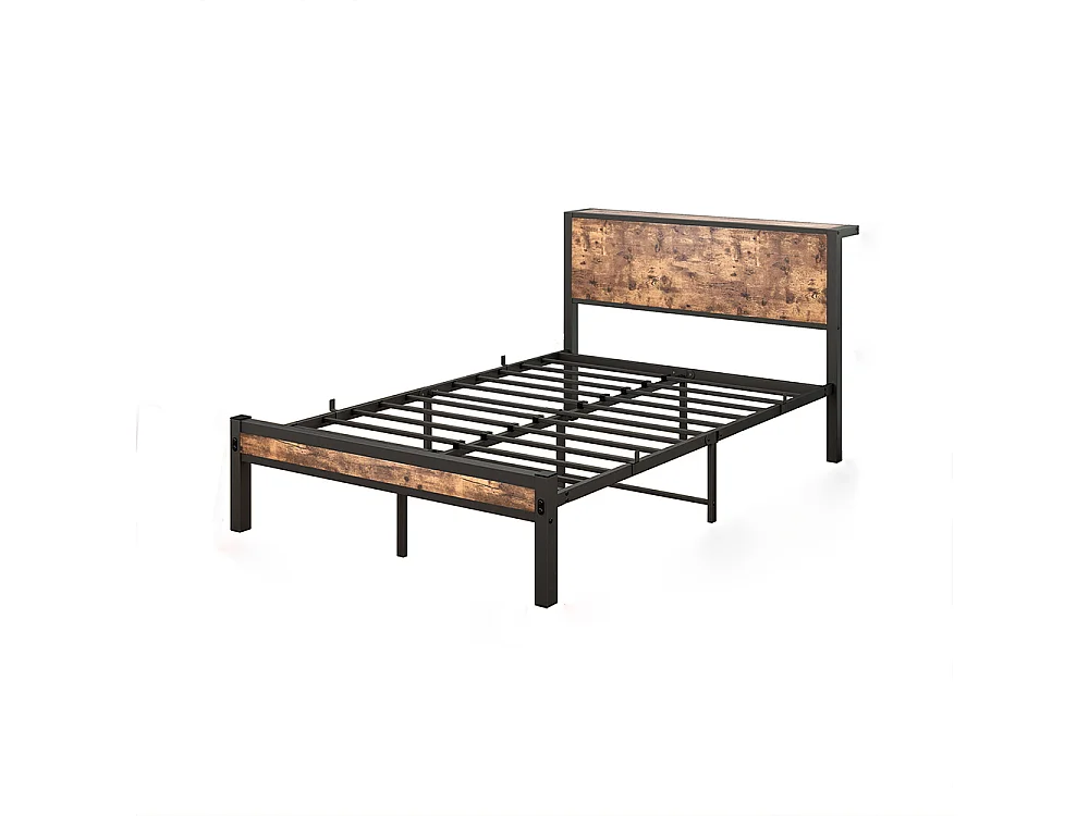 Lit adulte métallique 120x200 cm avec tête de lit et rangement sommier plateforme simple silencieux sans sommier tapissier vintage marron
