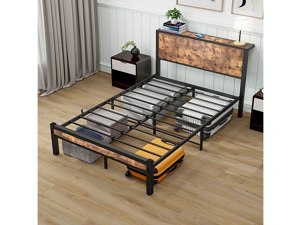 Lit adulte métallique 120x200 cm avec tête de lit et rangement sommier plateforme simple silencieux sans sommier tapissier vintage marron