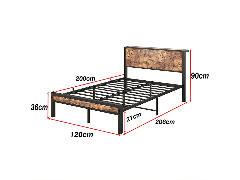 Lit adulte métallique 120x200 cm avec tête de lit et rangement sommier plateforme simple silencieux sans sommier tapissier vintage marron