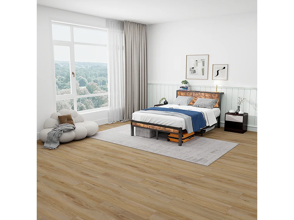 Lit adulte métallique 120x200 cm avec tête de lit et rangement sommier plateforme simple silencieux sans sommier tapissier vintage marron