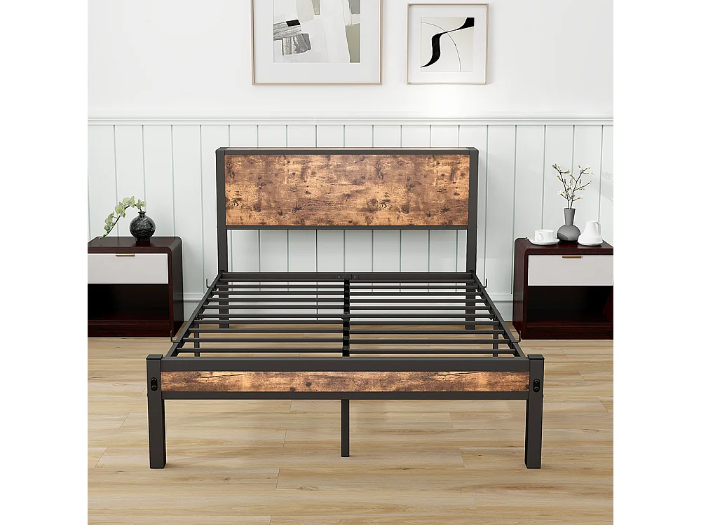 Lit adulte métallique 120x200 cm avec tête de lit et rangement sommier plateforme simple silencieux sans sommier tapissier vintage marron