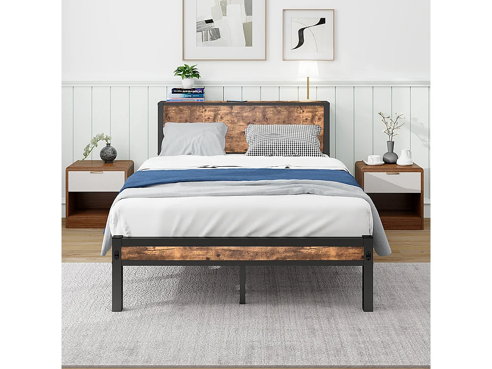 Lit adulte métallique 120x200 cm avec tête de lit et rangement sommier plateforme simple silencieux sans sommier tapissier vintage marron