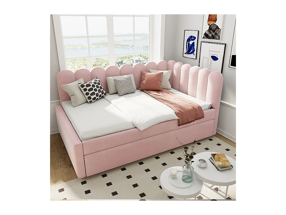 Lit gigogne rembourré en L 140x200 cm avec dossier à fleurs et lit enfant en velours rose