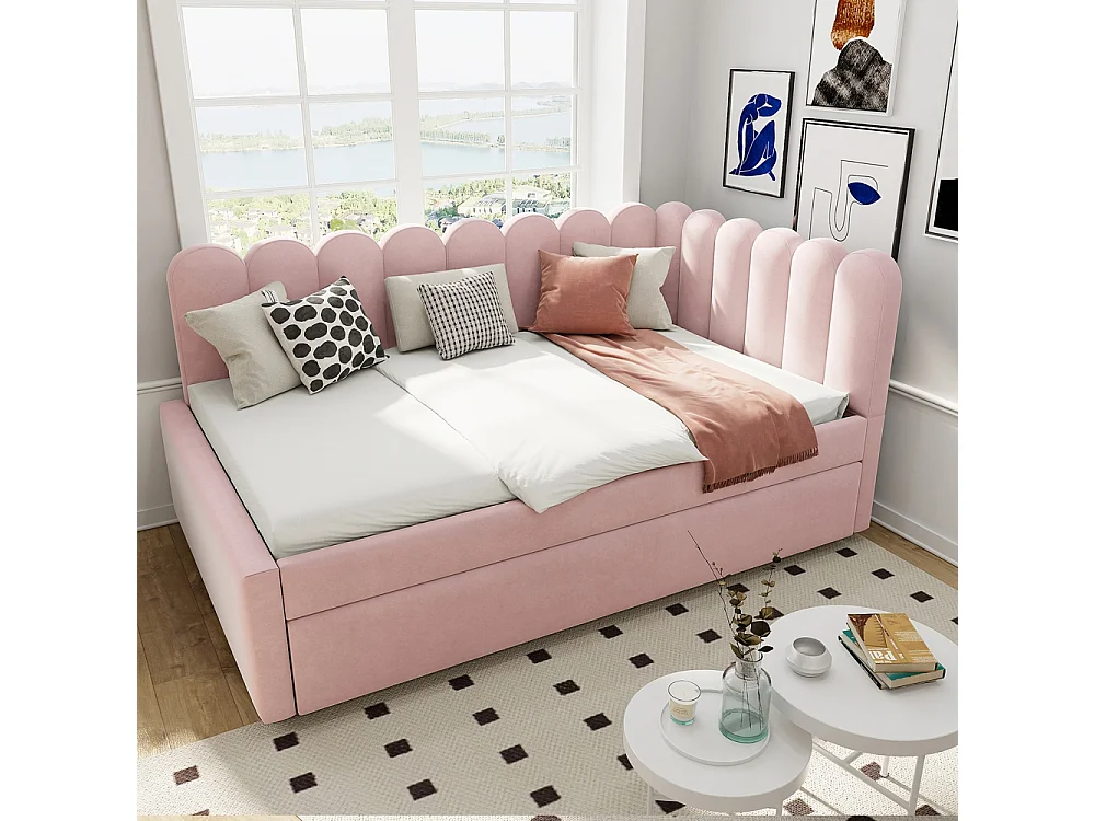 Lit gigogne rembourré en L 140x200 cm avec dossier à fleurs et lit enfant en velours rose