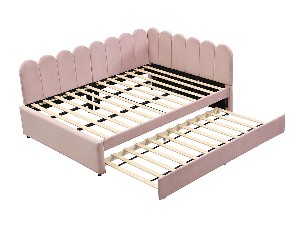 Lit gigogne rembourré en L 140x200 cm avec dossier à fleurs et lit enfant en velours rose