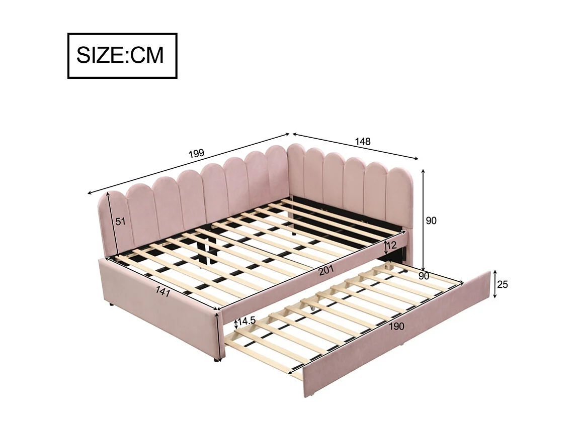 Lit gigogne rembourré en L 140x200 cm avec dossier à fleurs et lit enfant en velours rose