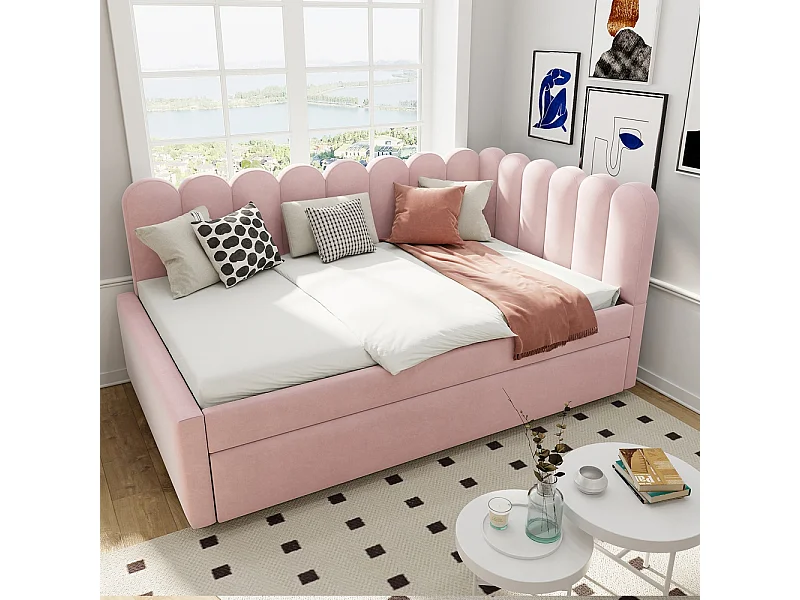 Lit gigogne rembourré en L 140x200 cm avec dossier à fleurs et lit enfant en velours rose