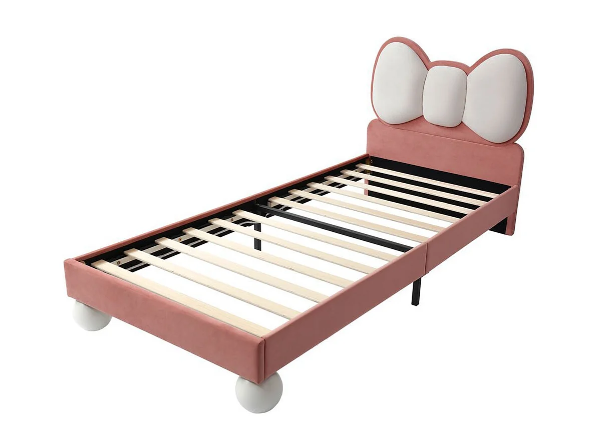 Lit enfant rembourré 90x200 tête de lit en forme de mouche bande LED couleur personnalisable sous le lit sommier lattes stable velours beige et rose