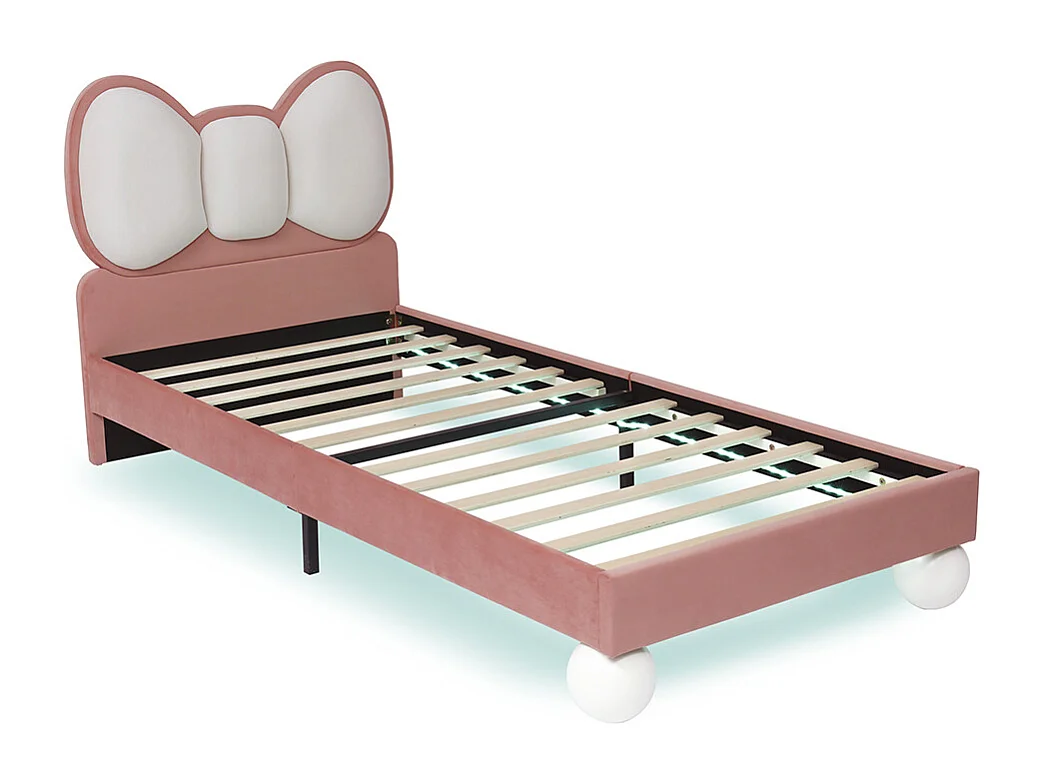 Lit enfant rembourré 90x200 tête de lit en forme de mouche bande LED couleur personnalisable sous le lit sommier lattes stable velours beige et rose