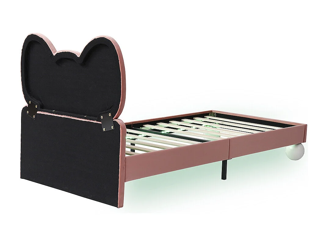 Lit enfant rembourré 90x200 tête de lit en forme de mouche bande LED couleur personnalisable sous le lit sommier lattes stable velours beige et rose