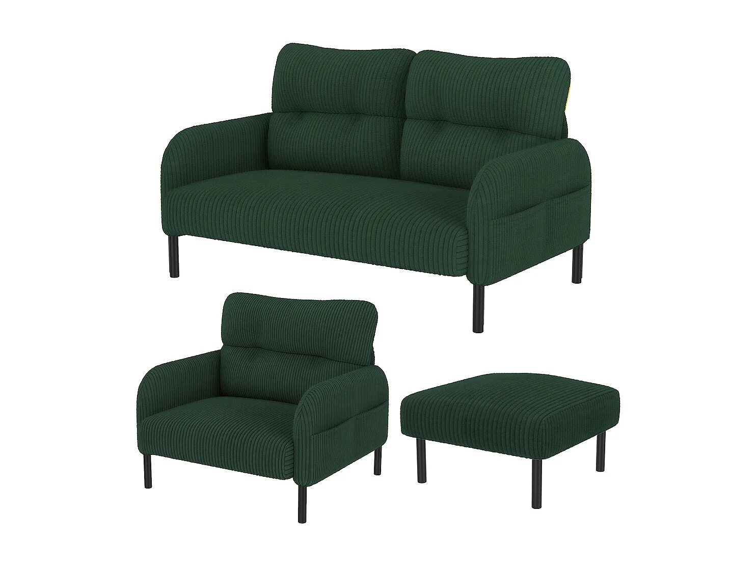 3-delige set corduroy fauteuil kruk tweezitsbank zijvak stalen frame zachte rugleuning modulair woonkamer smaragdgroen