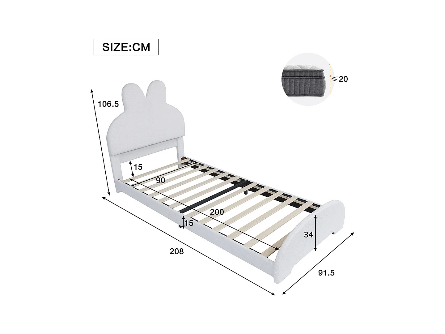 Lit simple 90x200 rembourré tête lapin cartoon polaire blanc