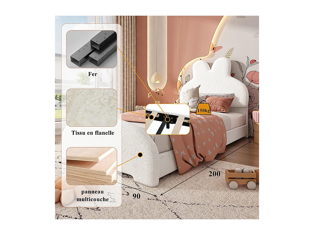 Lit simple 90x200 rembourré tête lapin cartoon polaire blanc